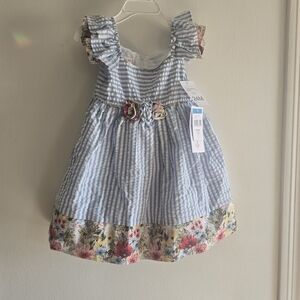 Blue Striped Kids Dress with Floral Accents